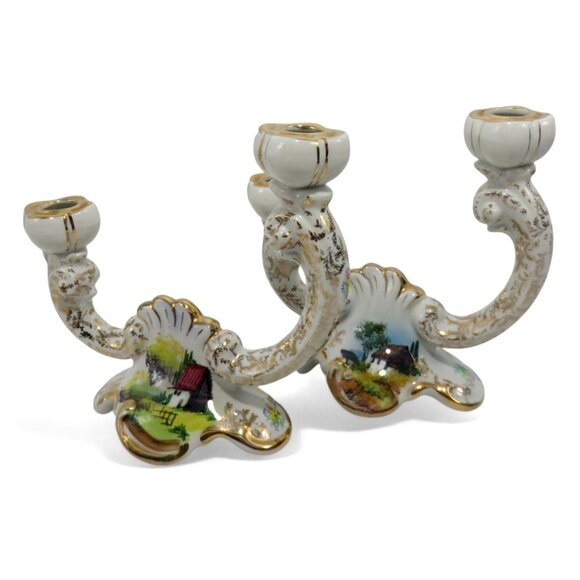 ALCOBACA Twin Arm Candle Holders PORTUGAL Set Country Scene Vintage 7.5" - Picture 1 of 11